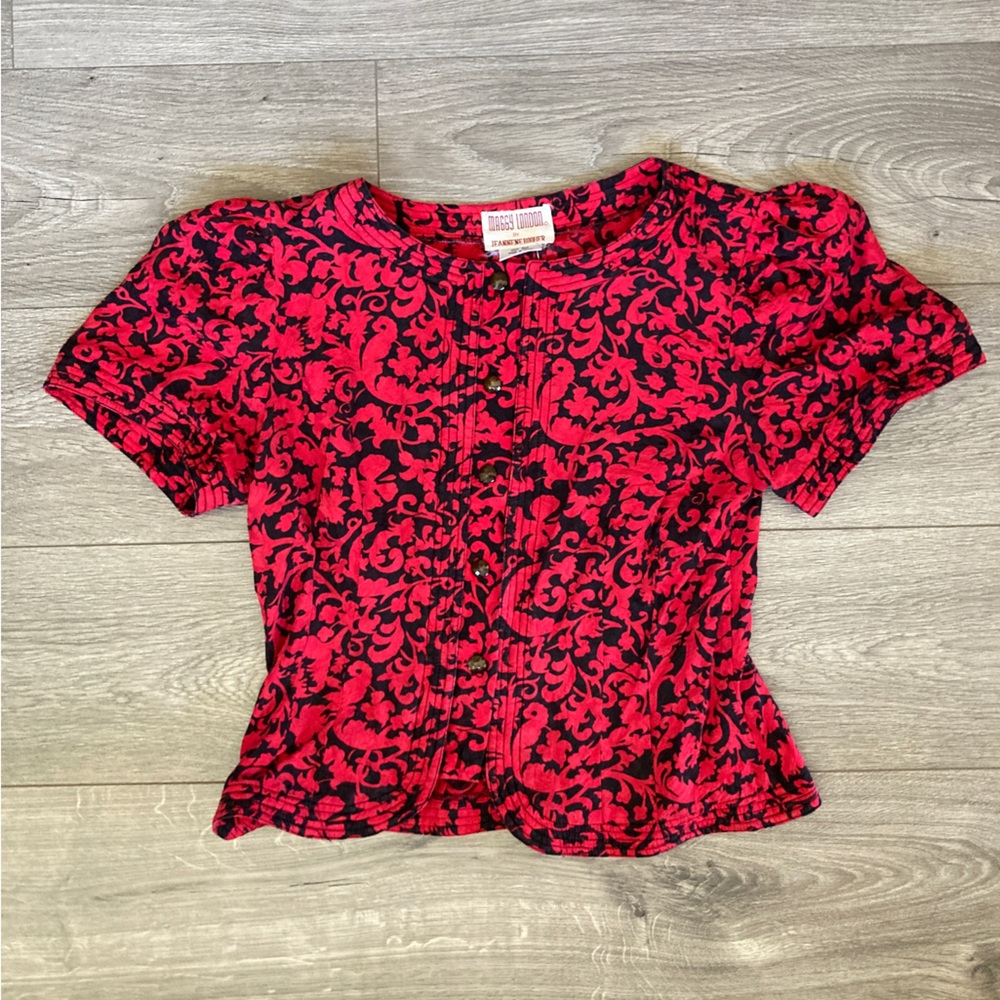 Red silk button up retro blouse short sleeve fitted plus 14 vintage